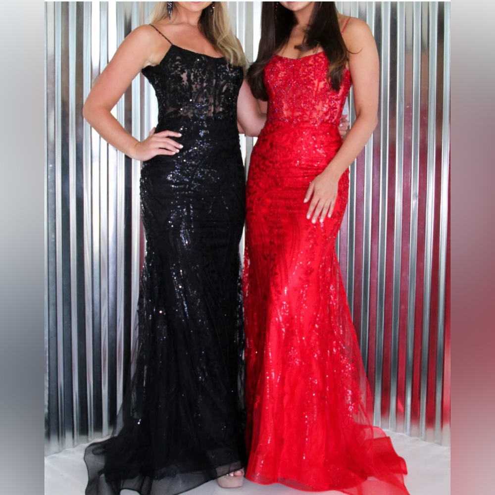 Red SHERRI HILL CORSET LACE DRESS 54275